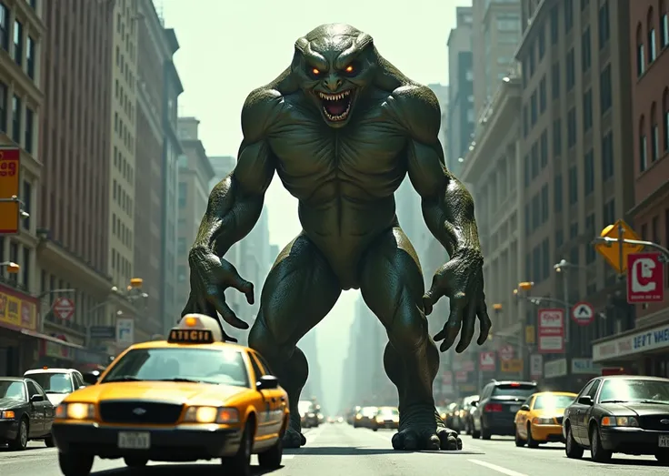 create the same scene with an alien Mutant in the middle of the avenue 50 meters behind the camera, the Mutant's height of 4 met...
