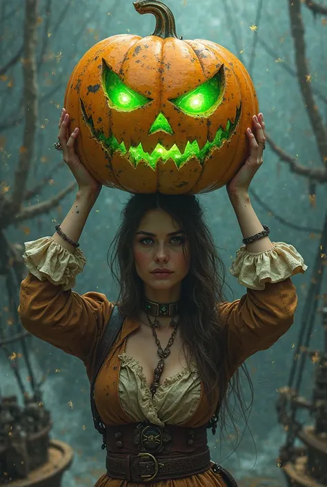 Halloween pumpkin made of gold, And with a green face, being held by a female pirate