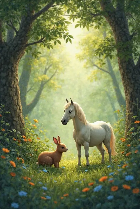 A sleeping sees in a green garden in a dream of himself and that garden there are very beautiful horses and rabbits and there a...