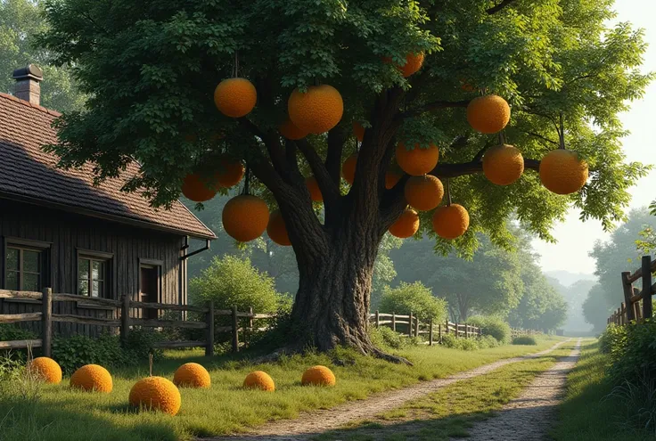 Tree on farmer's property next to house, large hairy fruits on tree, several lying on ground, wooden fence, sunny weather,((RAW ...