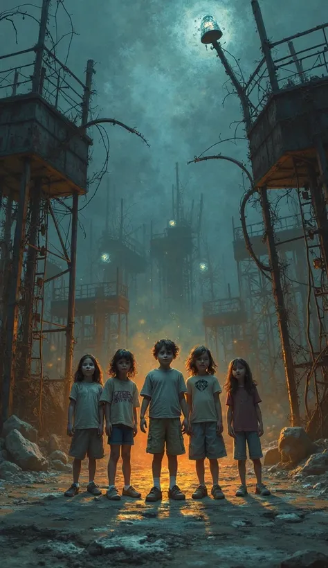 Five ager standing in horror playground with torchlight