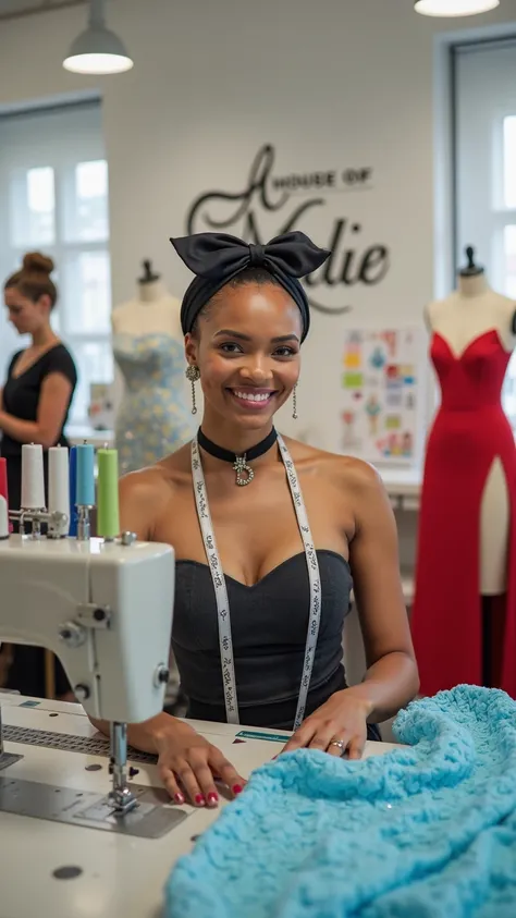 A stunning model with a radiant smile is seated at a professional sewing machine in a bright, well-lit tailoring workshop, exudi...
