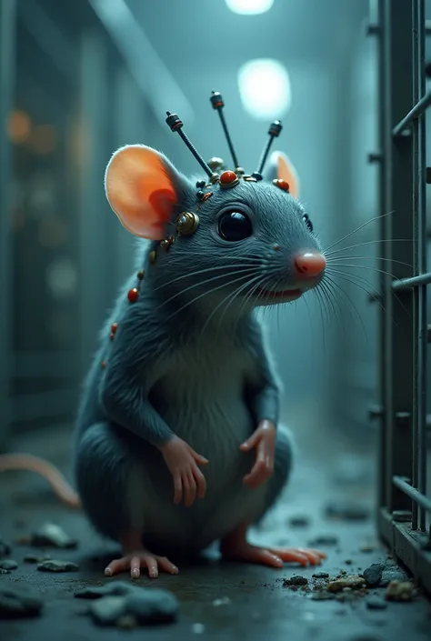 Create a real rat, not animated. With a normal. They're experimenting with it., He has a lot of machines in his head and he's in...