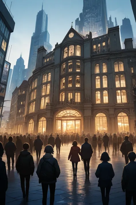apocalyptic world , gold-lined city very detailed beautiful tall buildings, Perfect streets surrounded by zombies,