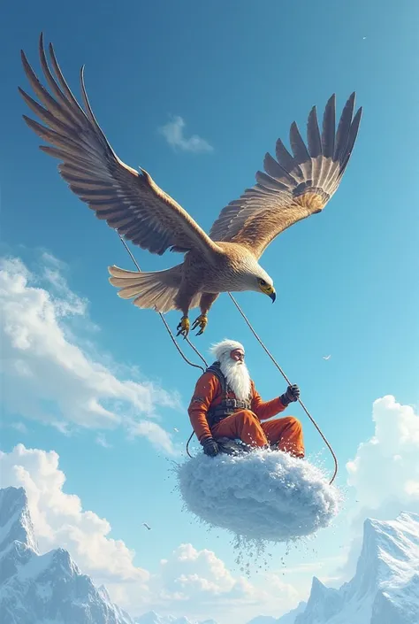 Fais une image : Scene : The Flight of the Supreme Guide Snow
In a deep blue sky, parsemé de nuages blancs effilochés par les ...