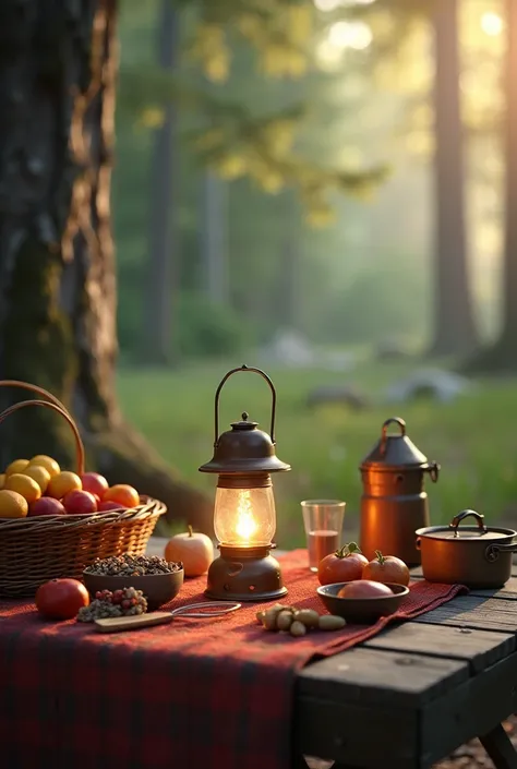 Camping background, a table with camping supplies and fruits, a minimalist, open lantern with a handle on the top