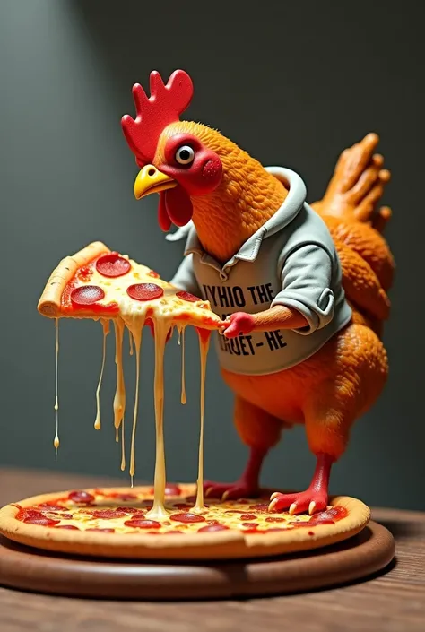 create an image of a roasted chicken lifting or eating a pizza, That the rotisserie chicken to eat has a shirt