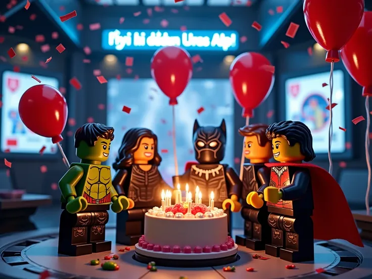Inside a futuristic Lego Avengers Tower, Marvel Lego superheroes are gathered for a birthday celebration. The scene is dynamic a...