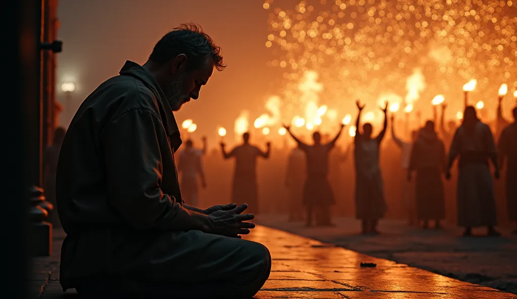 A man alone praying in the dark — While on the other side, a large crowd celebrates and displays their faith for the spotlight.