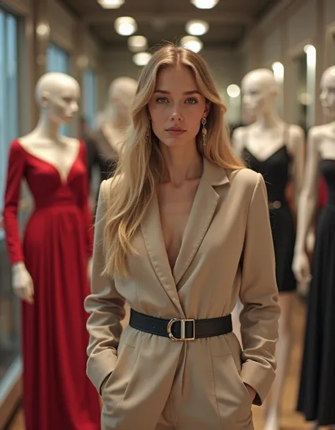 The photo is realistic ,A blonde girl with long hair walks through the shop where famous couturiers sew clothes. She owns this b...