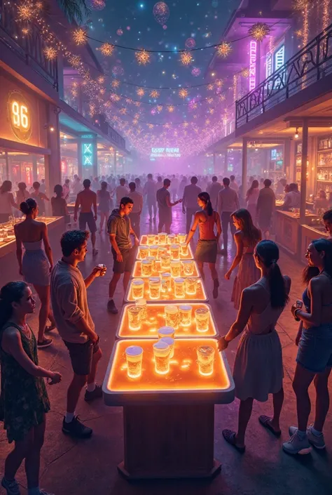 Create a picture of a New Year's Eve party with beer pong tables, a house party
