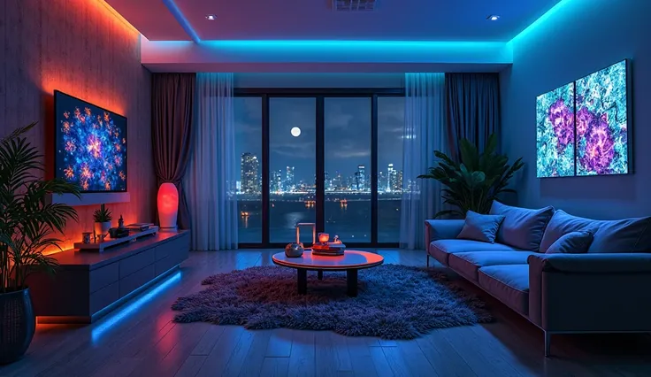 Create an image that blends modern home décor with a touch of mystery. A stylish living room at night, featuring phosphorescent ...
