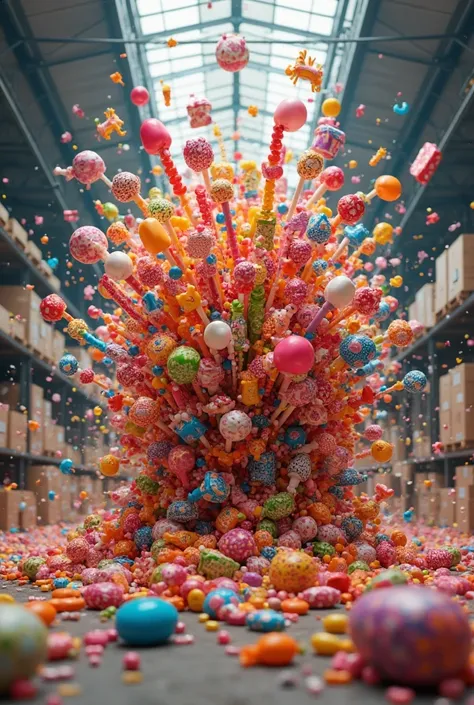 Explosion of candies and warehouse products