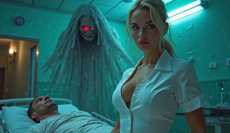 A breathtakingly beautiful Russian nurse with an exaggerated, voluptuous figure, wearing a skin-tight white latex nurse uniform ...