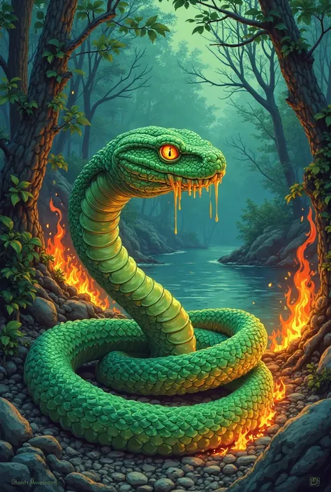 Vibrantly colored green snake on the riverbank, cartoon, Fire in the eyes and in the body and in the syrup, portrait, Forest wi...
