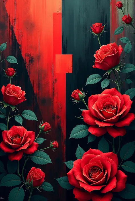 abstract composition, geometric shapes, lots of red roses, comic book style, gritty, dark