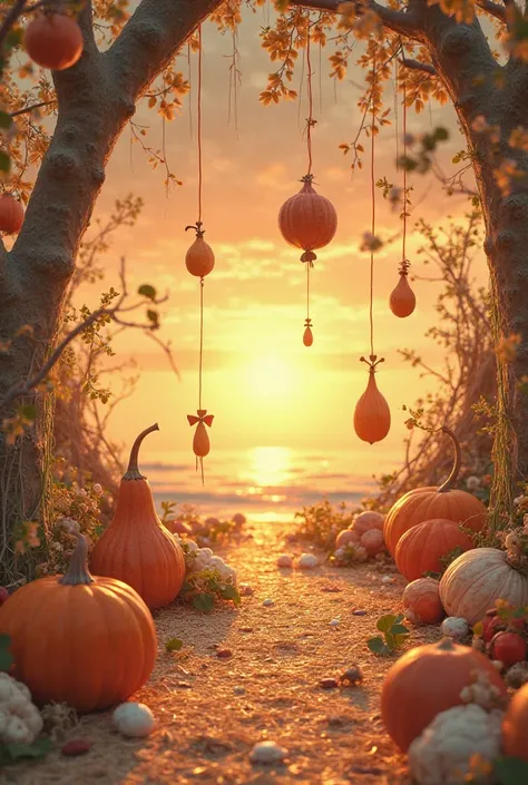 Sunset background with orange sun, Popcorn rain, The floor is covered with fine straw threads, Gourds and Buzios