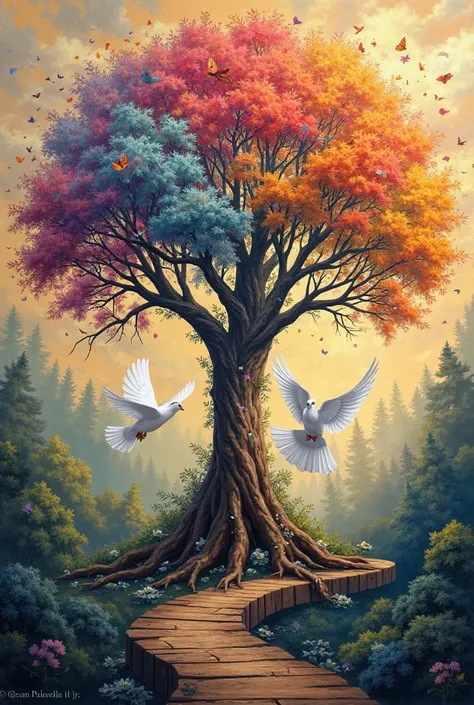 Make me a sketch of a tree of life that is colored in the tree and that a dove of peace is throwing it away in mural style
