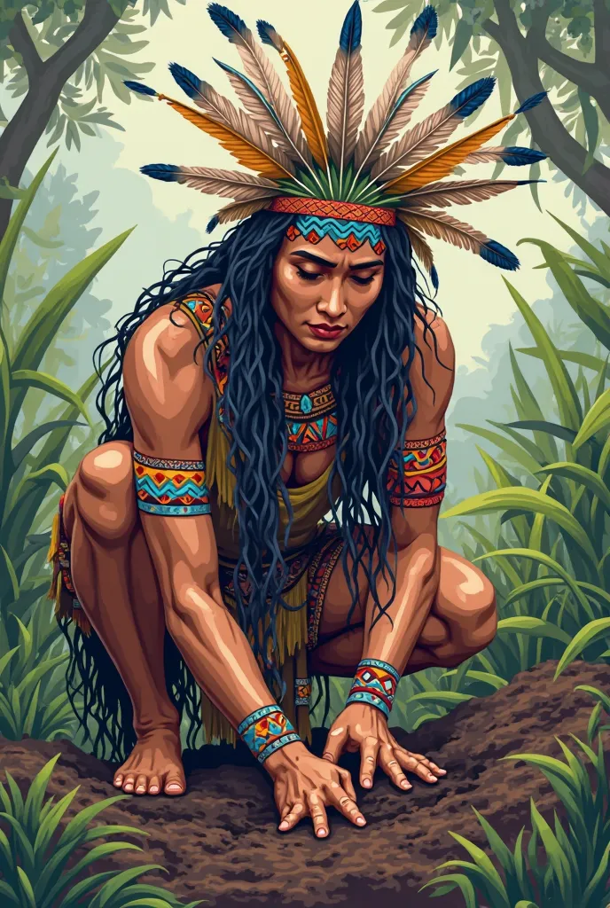 A vector of an indigena with feathers planting