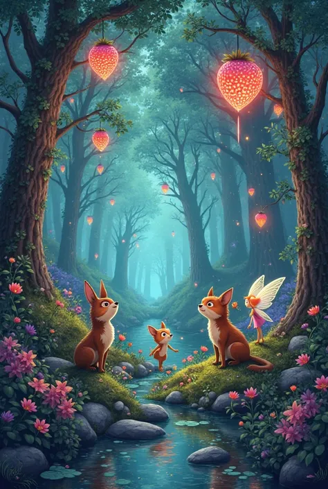 A colorful scene of a magical forest with trees that have glowing fruits, talking animals, and little fairies flying around.