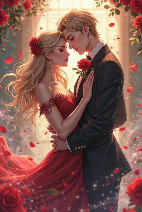 Anime-style drawing of a fair-skinned man, brown hair and eyes biting a red rose with their teeth while dancing with a taller ma...