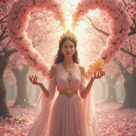 Against the background of a sakura tree and a huge heart made of petals stands in full growth, do not cut the body, beautiful ha...