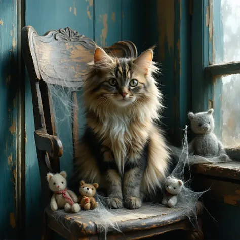 A close-up of a cute yet eerie cat with a soft, haunting expression, sitting on a weathered, worn wooden chair with an eerie ca...