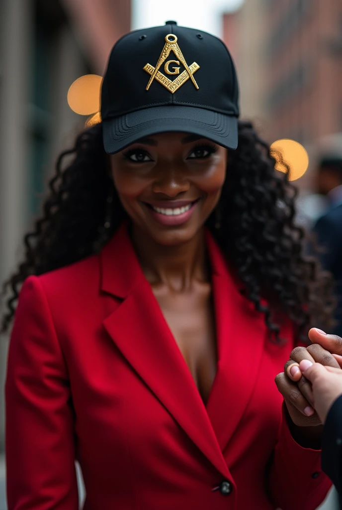 I need hd photo of beautiful black women caring a on hear hand giving to another person wearing red suits with black cap with m...