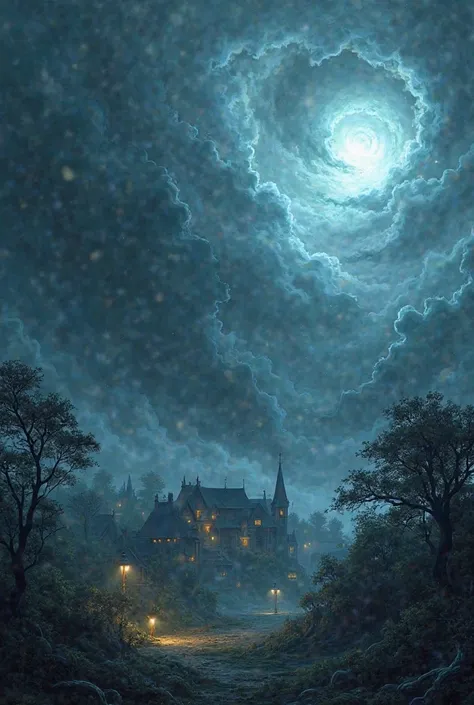 A stormy night with strong winds and dark clouds – The village under a stormy sky, trees swaying, and strong winds blowing.