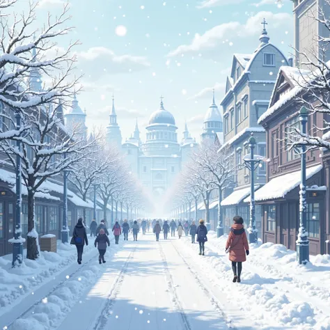 heavy snowfall and snow is piled up on roads, trees, and buildings。with an anime-style pattern。A lot of passers-by are walking n...