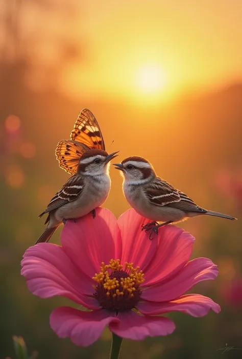The sparrow and butterfly rest together on a bright pink flower, looking at each other with joy. The sparrow tilts its head, chi...