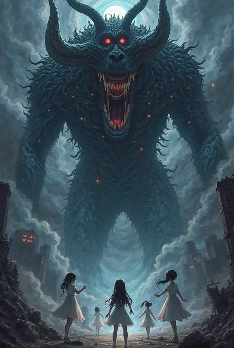Create a picture of girls with a terrifying demon in the style of anime