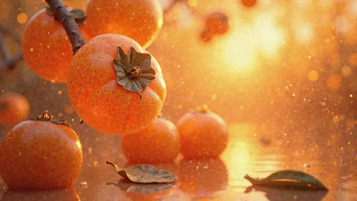 `Ultra-detailed Chinese New Wave illustration, Luotian Zanzishi "Sweet Persimmon" Theme, colossal glowing persimmon tree dominat...