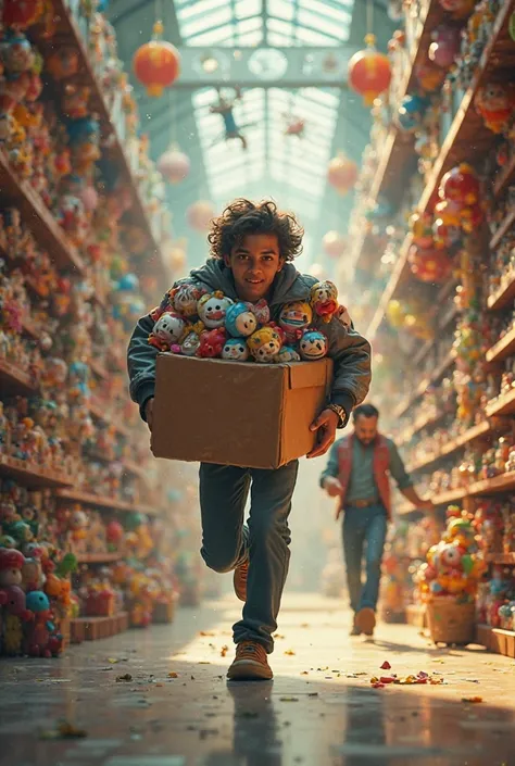 A cinematic scene of a carrying a large box of toys running out of a large toy store
And the shopkeeper runs after him to catch...