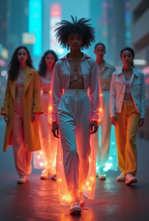 A diverse group in neutral tones stands in a dull world. As they wear the brand’s attire, AI morphs their outfits and surroundin...