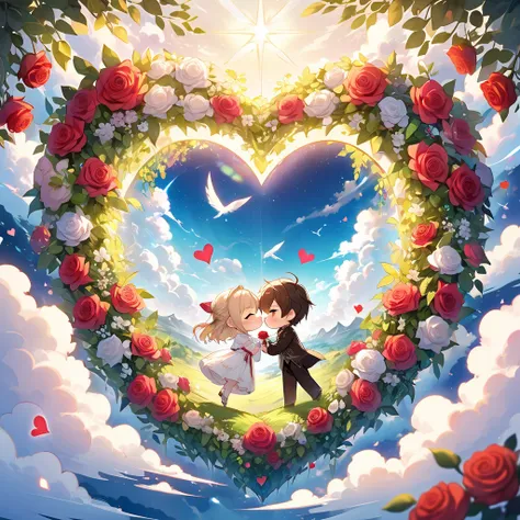 from there comes a heart intertwined with green leaves and beautiful red roses {x} This image、 depicts a romantic and fancifu...