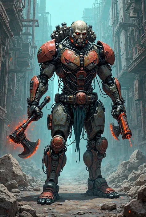 Dystopian cyborg gritty villain that has battle worn gear and has a energy blaster in his right hand and a left hand has a axe i...