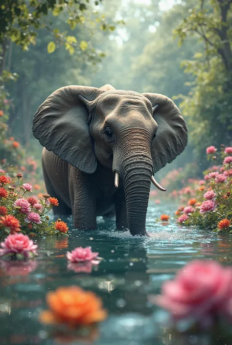 An elephant swim with flowers