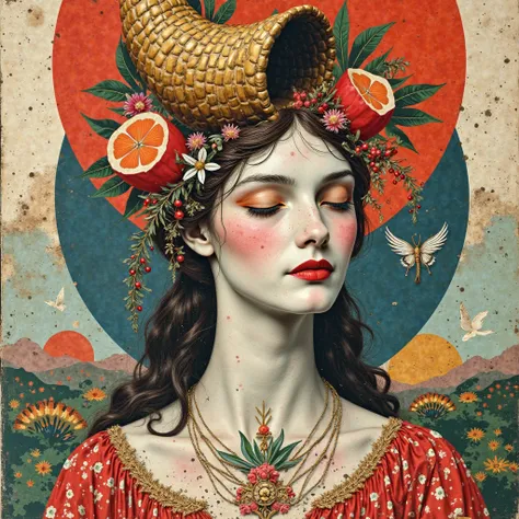 venus with cornucopia on the head, maximalist magazine collage art, contemporary collage, dada collage, a mid-century modern col...