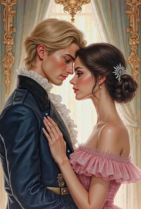 create a watercolor image of a Victorian couple.
The man is a fair-haired duke, blue eyes, striking face, seductive.
the woman ...