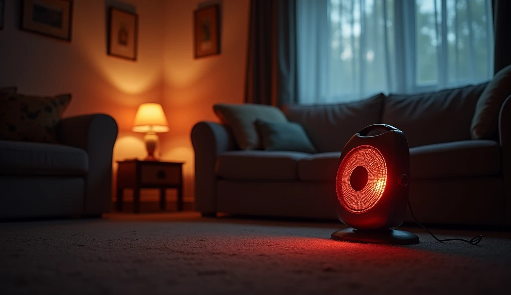 A photograph captures a dimly lit living room at night, with a single vintage-style fan heater glowing red-orange placed on a ca...