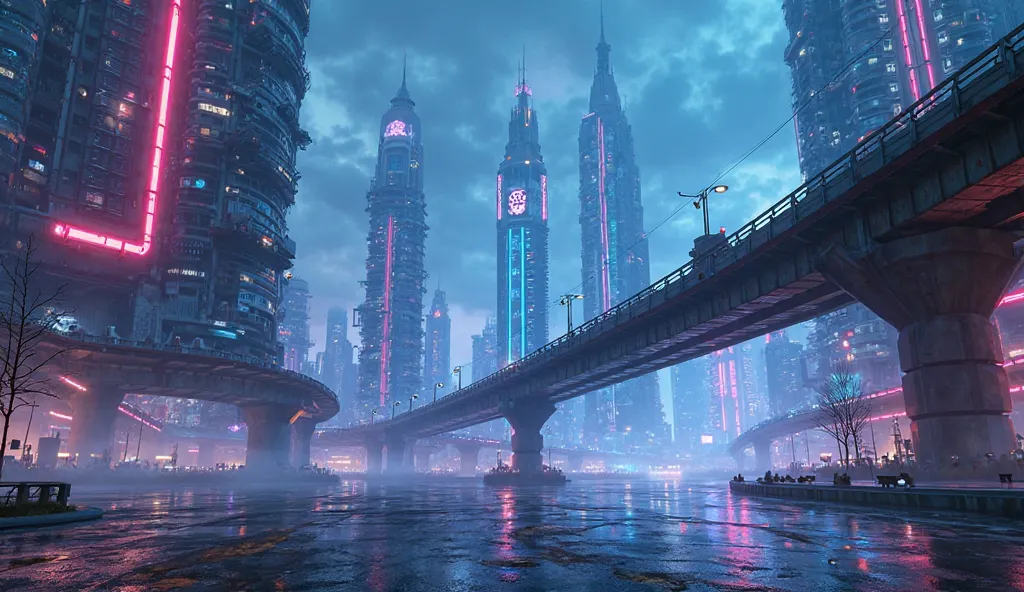 A futuristic cityscape with towering skyscrapers featuring unique and innovative architecture, illuminated by vibrant neon light...