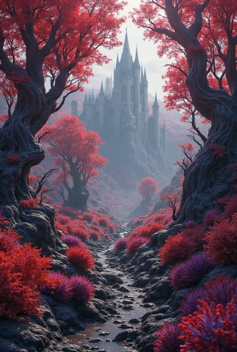 A REALISTIC ANIMATED IMAGE WHERE YOU CAN FIND RED TREES, PURPLE PLANTS, BLACK SOIL AND A DARK CASTLE IN THE BACKGROUND