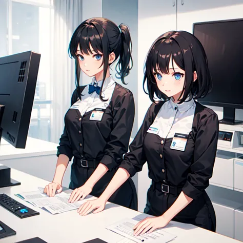 Make a girl in a cashier's uniform working at the counter in anime style, she is bored (the girl has dark blue eyes and short bl...