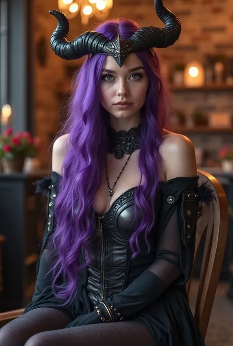 purple long hair, horned headband, fantasy-themed costume with dark metallic details, sitting pose, dim indoor setting, warm lig...