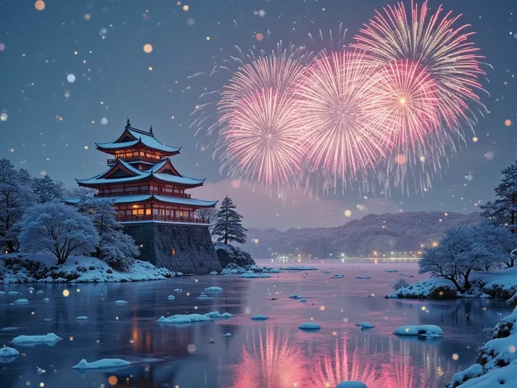 A stunning fireworks display above a snow-covered Japanese castle on a tranquil winter night. The icy lake mirrors the colors of...