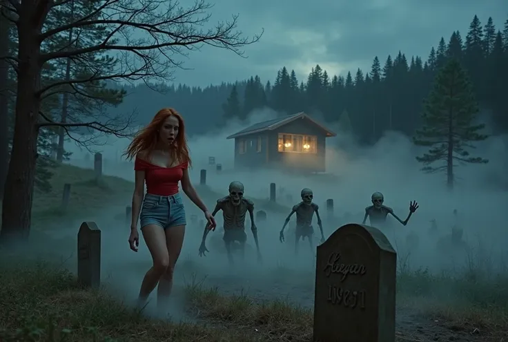 A realistic, cinematic horror scene set on a mist-covered hillside at night. The setting features a dense forest of dark green p...