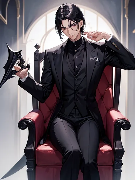 A 25-year-old man with shoulder-length black hair and striking gray eyes, dressed in an elegant, tailored suit that complements ...