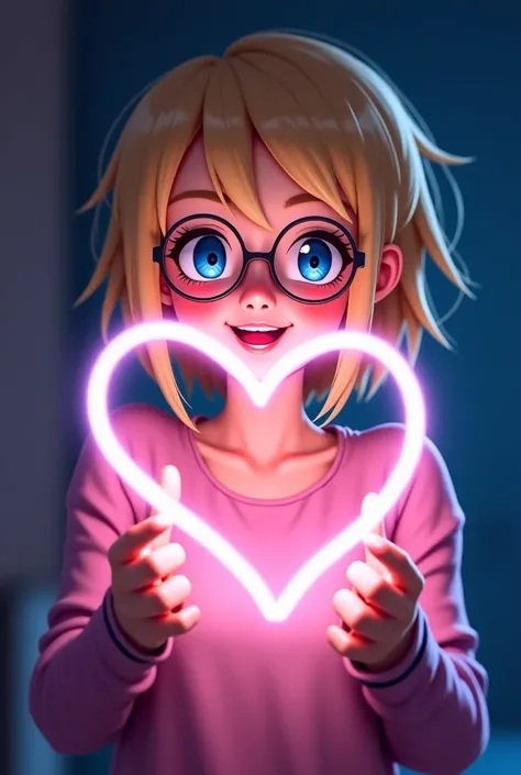 Woman, bright blue eyes, wearing glasses, short blonde hair long on one side, wearing pajamas, hold up a glowstick in a shape of...