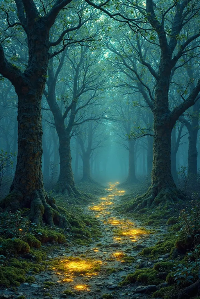 A mystical woodland where ancient trees with translucent leaves glow in harmony with the pulsing waves of the aurora borealis ab...